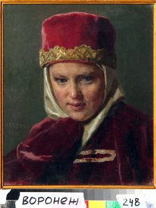 博雅尔的妻子（boiard，boiar）。身着俄罗斯传统服装，在莫斯科大公国。尼古拉-瓦西里耶维奇-涅夫列夫（1830-1904 年）的画作，布面油画