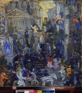 埃德加-爱伦-坡（1809-1849 年）的戏剧作品《红色死亡面具》（Le masque de la mort rouge）的准备装饰。Oeuvre de Nikolai Nikolayevich Sapunov (Sapounov) (1880-1912), tempera sur carton, vers 190 作者 尼古拉·尼古拉维奇·萨普诺夫