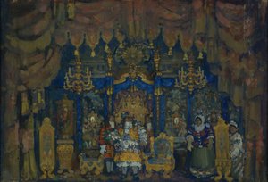 Jourdains房间。 J.-B.戏剧剧本《贵族的资产阶级》的舞台设计。莫里哀，1911年 作者 尼古拉·尼古拉维奇·萨普诺夫