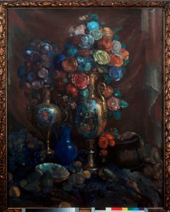 Nature morte (Vases, fleurs et fruits) - Still life (Vases, flowers and fruit) - Oeuvre de Nikolai Nikolayevich Sapunov (Sapounov) (1880-1912), tempera sur toile