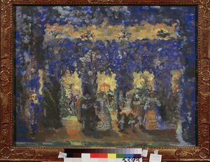 宫殿花园中的亭子。尼古拉-尼古拉耶维奇-萨普诺夫（萨普诺夫）（1880-1912 年）的作品，纸板上的蛋彩画