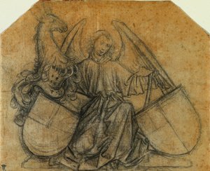 支持两个盾牌的天使c。 1470。 作者 尼古拉斯·格海特·冯·莱顿