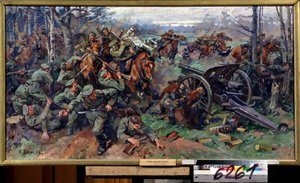 1915 年，俄罗斯骑兵向德国炮兵发起冲锋。 尼古拉·雅科夫列维奇·鲍里索夫（Nikolai Yakovlevich Borisov，1873-1942）的绘画。 布面油画，75 x 142 厘米，20 世纪初的俄罗斯艺术。 国家中央炮兵 作者 尼古拉·雅科夫列维奇·鲍里索夫（Nikolay Yakovlevich Borisov）