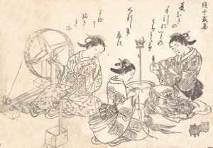 三位宫女在编织丝绸。