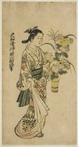 背着插花的年轻女孩 作者 西川助信