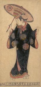 演员Arashi Wakano作为穿着卡帕雨衣的若水青年，约1725年。, 约1725年。 作者 西川义信