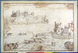 A castle surmounting cliffs, with studies of galleons and fishing boats (pen & brown ink on paper)
