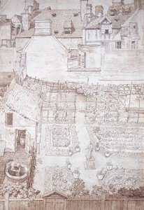 一座联排别墅的花园，有花坛和藤蔓凉棚，被建筑物包围，约 1677 年（钢笔和棕色墨水带棕色水洗）