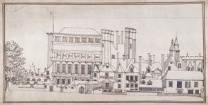 白厅与霍尔拜因门和伊尼戈·琼斯的宴会厅，约 1677 年（钢笔和棕色墨水带灰色水洗）