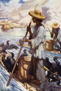 中国。鸬鹚捕鱼（彩色平版印刷）。 作者 诺曼·哈迪