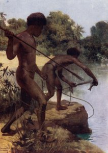 Spearing Fish, British New Guinea (colour litho) 作者 诺曼·哈迪