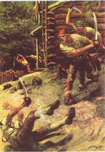 我跌跌撞撞，一头滚了下去，选自 1947 年麦克唐纳出版的《金银岛》（彩色石印版）。
