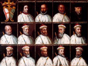 Coat of arms of the Republic of Genes and portraits of the Doges - Simone Boccanegra, Ottaviano Fregoso e Antoniotto II Adorno; Andrea Doria. Oberto Cattaneo Lazzari, Battista Spinola, Battista Lomellini, Cristoforo Grilaldi Rosso, Giovanni Battista Doria 