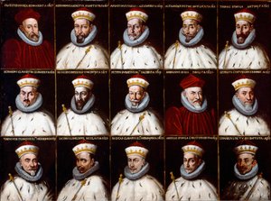 Coat of arms of the Republic of Genes and portraits of the Doges. Silvestro Invrea, Gerolamo Assereto, Agostino Pinello Luciani, Alessandro Giustiniani Longo, Tomaso Spinola, Clavarezza Bernardo, Giovanni Giacomo Imperiale (Tartaro), Pietro Durazzo, Ambrog