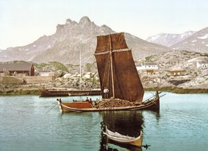 Nordland小船运载原木货物，挪威，1890-1900