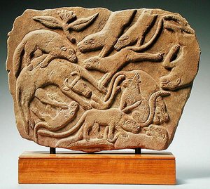 描绘狗伐牛的浮雕，4-5世纪（砂岩）。 作者 努比亚努比亚