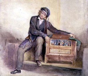 风琴研磨机，约1840年（纸上铅笔水彩）。