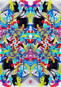 禅墨蓝红黄绿花卉图案，2023 年（纸上丙烯，数码） 作者 傅维仪
