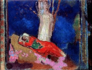 19世纪或20世纪初，躺在树下的女人。 作者 奥迪隆·雷顿（Odilon Redon）