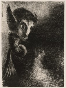 奇美拉恐惧地注视着万物，来自黑夜 作者 奥迪隆·雷顿（Odilon Redon）