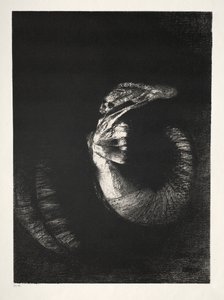 《圣安东尼的诱惑》第一辑：《骷髅缠着玫瑰》，1888年。 作者 奥迪隆·雷顿（Odilon Redon）