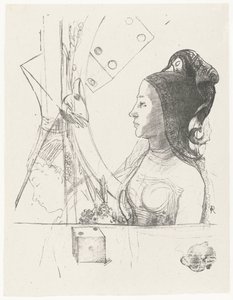 Vrouw en dobbelstenen
左侧剖面图中的女子，头戴鹤宁帽
Planches d