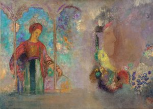 Woman in a gothic arcade - Woman with flowers - Peinture de Odilon Redon(1840-1916) 作者 奥迪隆·雷顿（Odilon Redon）