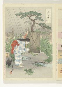 俯身在山吹树丛中的女子
山吹（物体上的标题）
美人与花的比较（系列标题）
美人花"（物上的系列标题） 作者 竹川理三郎
