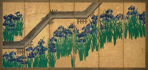 Yatsuhashi（八桥）的鸢尾花，1709年（纸上金箔上的墨水和颜色）