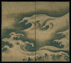 粗糙波浪，双面板折叠屏幕，c.1704-9（纸张上的墨水，颜色和金箔）