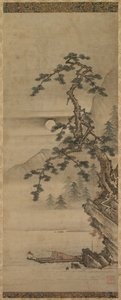 松树的月光下的风景与船上的老人，室町时代，1392-1573年。 作者 小栗旬