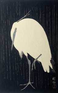 雨中的白鹭，1925-36（彩色木刻）