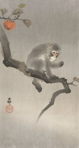 猴子在果树，1900-30（彩色木刻）