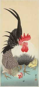 公鸡、母鸡和小鸡与蚂蚁（彩色木版画）