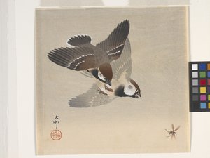麻雀追飞虫（彩色木版画） 作者 大原功臣