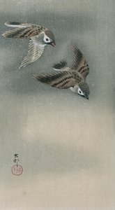 飞行中的麻雀（彩色木版画 作者 大原功臣