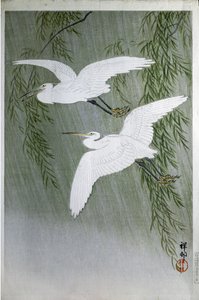 两只苍鹭自由飞翔，1907年（彩色木刻） 作者 大原功臣