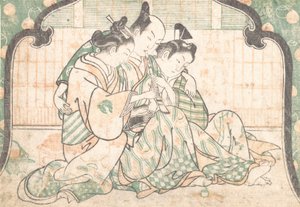 一个年轻人坐在两个女人之间，约1749.，约1749.。 作者 奥村昌信