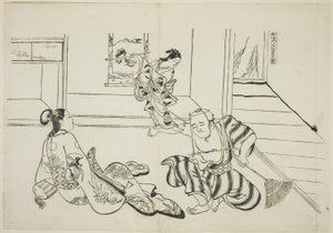 鞍马山的儿童侍者和秃头天狗（鞍马天狗卡布罗），选自描绘戏剧模仿的 12 幅版画系列中的第 7 幅 作者 奥村昌信