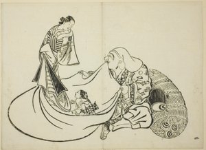 Daikoku 透露 Hotei 袋子里的东西，12 幅版画系列中的第 2 幅 作者 奥村昌信
