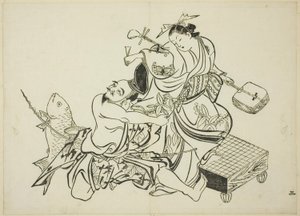 惠比寿与歌妓调情》，第 3 号。12 幅版画系列中的第 3 幅 作者 奥村昌信