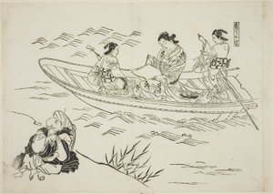 江口和爱的渔船》（Koi no tsuribune Eguchi），第 4 号。12 幅模仿戏剧的版画系列中的第 4 幅 作者 奥村昌信