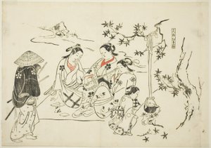 用枫叶加热清酒（Kanzake momijigari），选自 12 幅模仿戏剧的版画系列中的第 9 幅 作者 奥村昌信