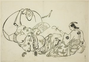Hotei Reading a Book》，12 幅版画系列中的第 11 幅 作者 奥村昌信