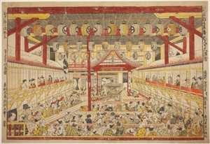 歌舞伎舞台上的熏见世表演大透视图（Shibai kyogen butai kaomise o uki-e） 作者 奥村昌信