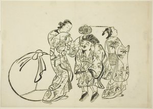 测量大黑的身高》，No.12 幅版画系列中的第 5 幅 作者 奥村昌信