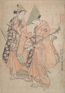 小野菊五郎饰演八屋大七，中村清三郎饰演她的恋人小庄...，1750年。 作者 奥村昌信