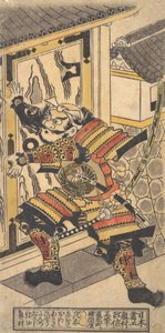 演员Bando Hikosaburo在扮演朝日那三郎打破城堡的斗...，约1730年。 作者 奥村昌信