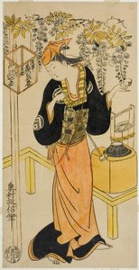 1719 年四月在中村剧场上演的话剧《曾我崎信州》中饰演大夏的演员佐野川芒菊一世 作者 奥村昌信