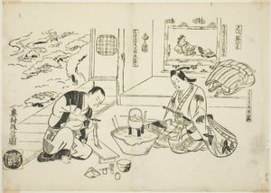 《竹笛与盆栽树》（尺八八之木），第 1 号。 12 幅模仿戏剧的版画系列中的 12 幅 作者 奥村昌信